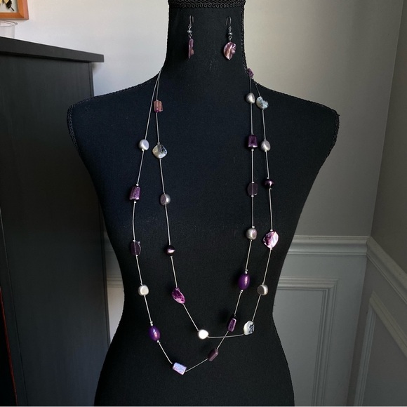 Long Double Strand Purple & Silver Bead Necklace & Earring Set - Picture 2 of 6